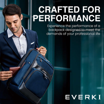 EVERKI Onyx Premium Business Executive Laptop Backpack + Compression Packing Cube Set (S & M), 36L Capacity, 17.3" Laptop Compartment, Durable Water-Repellent Nylon & Leather Office Backpack - Navy