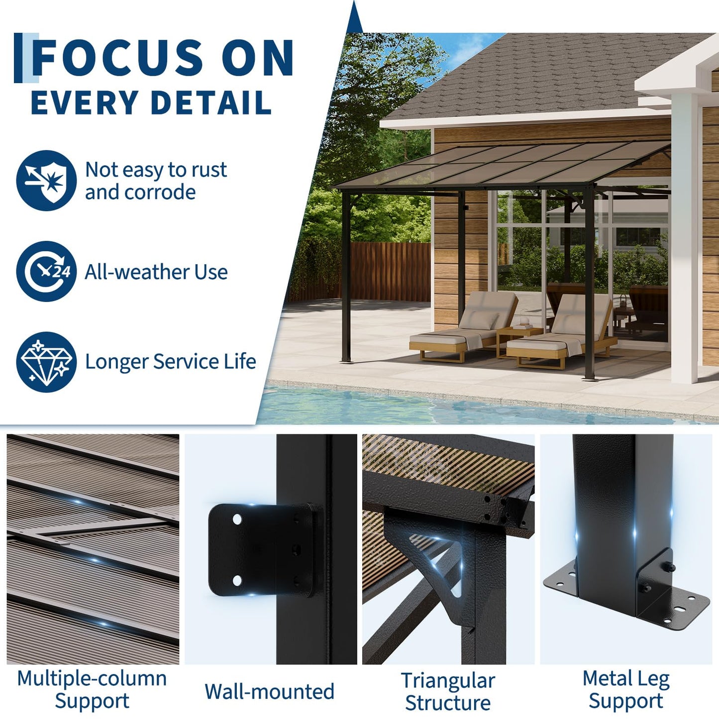 Garvee 10x10 ft Outdoor Lean to Gazebo, Wall Mounted Patio Hardtop Gazebo Pergola with Polycarbonate Roof, Upgraded Steel Frame Hardtop Pavilion for Patio, Garden, Lawn, Deck