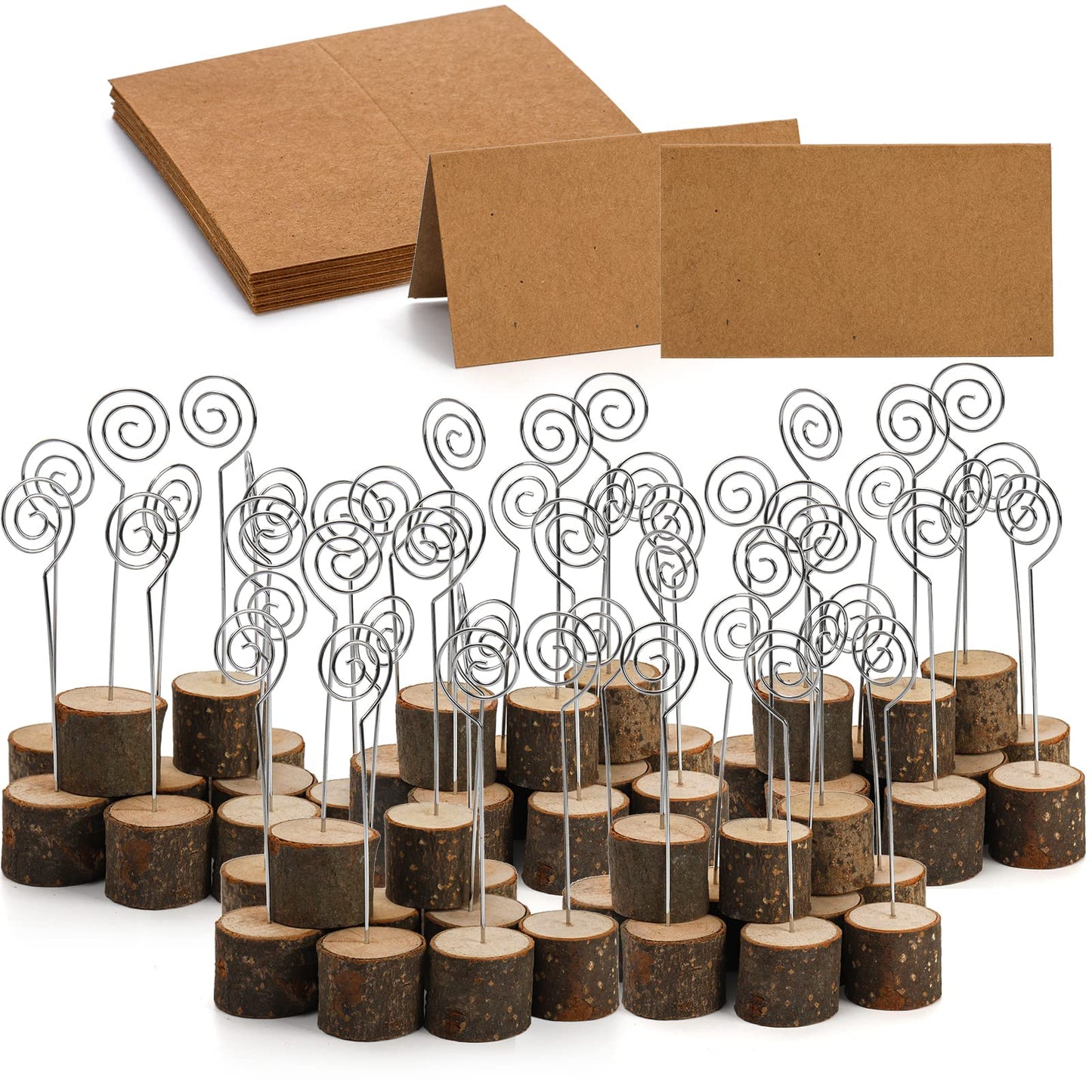 Tosnail 50 Pack Wooden Place Card Holders with 50 Kraft Paper Cards, Rustic Wood Table Number Stands Photo Holder - Spiral Wire