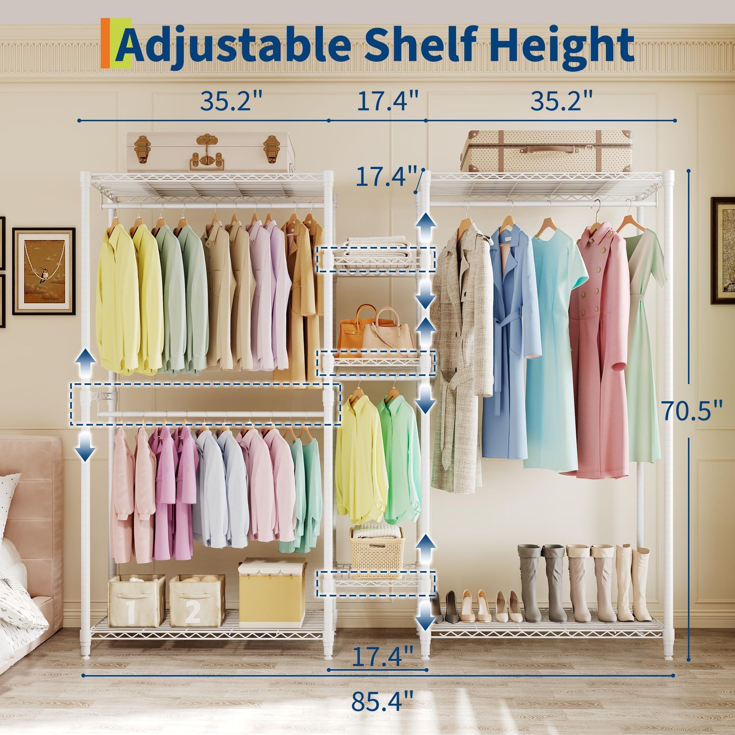 GarveeTech Heavy Duty Garment Rack L Shaped Clothes Rack for Corner,Load 1631LBS,Freestanding Portable Wardrobe Closet with 7 Adjustable Shelves, 4 Hanging Rods for Home,70.5" H x 85.4" L x 17.4" W