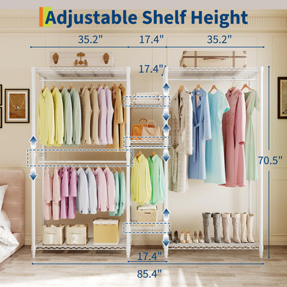 GarveeTech Heavy Duty Garment Rack L Shaped Clothes Rack for Corner,Load 1631LBS,Freestanding Portable Wardrobe Closet with 7 Adjustable Shelves, 4 Hanging Rods for Home,70.5" H x 85.4" L x 17.4" W