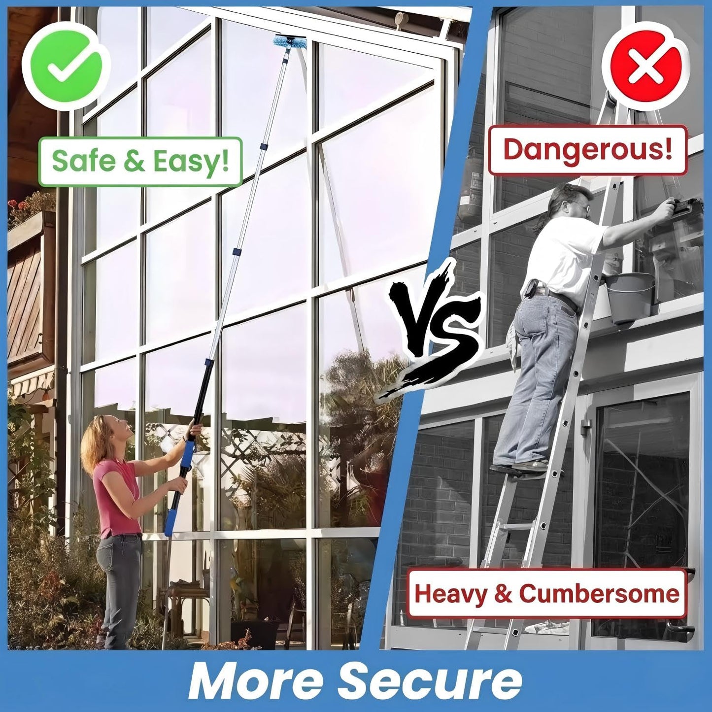 30ft High Ceiling Duster Kits with 5-24ft Heavy Duty Extension Pole - Fan Blade Cleaner, Cobweb Remover & Blue Window Squeegee Kit, Washable Dust Brush for High Roof and Glass Surfaces