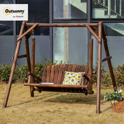 Outsunny 2-Seat Porch Swing with Stand, Wooden Patio Swing Chair Bench, for Garden, Poolside, Backyard, Brown