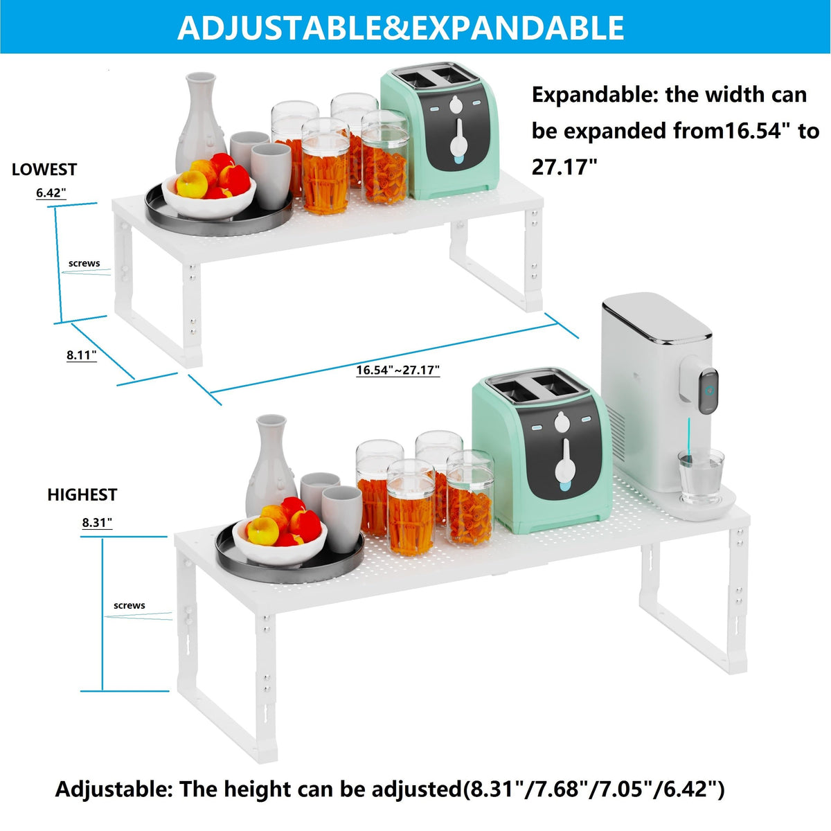 Wobmmi Expandable Spice Rack,Stackable Storage for Cabinet, Multi-Functional Kitchen Shelving,Height-Adjustable,Sustainable Organizer Solution(2Packs/White/Medium)