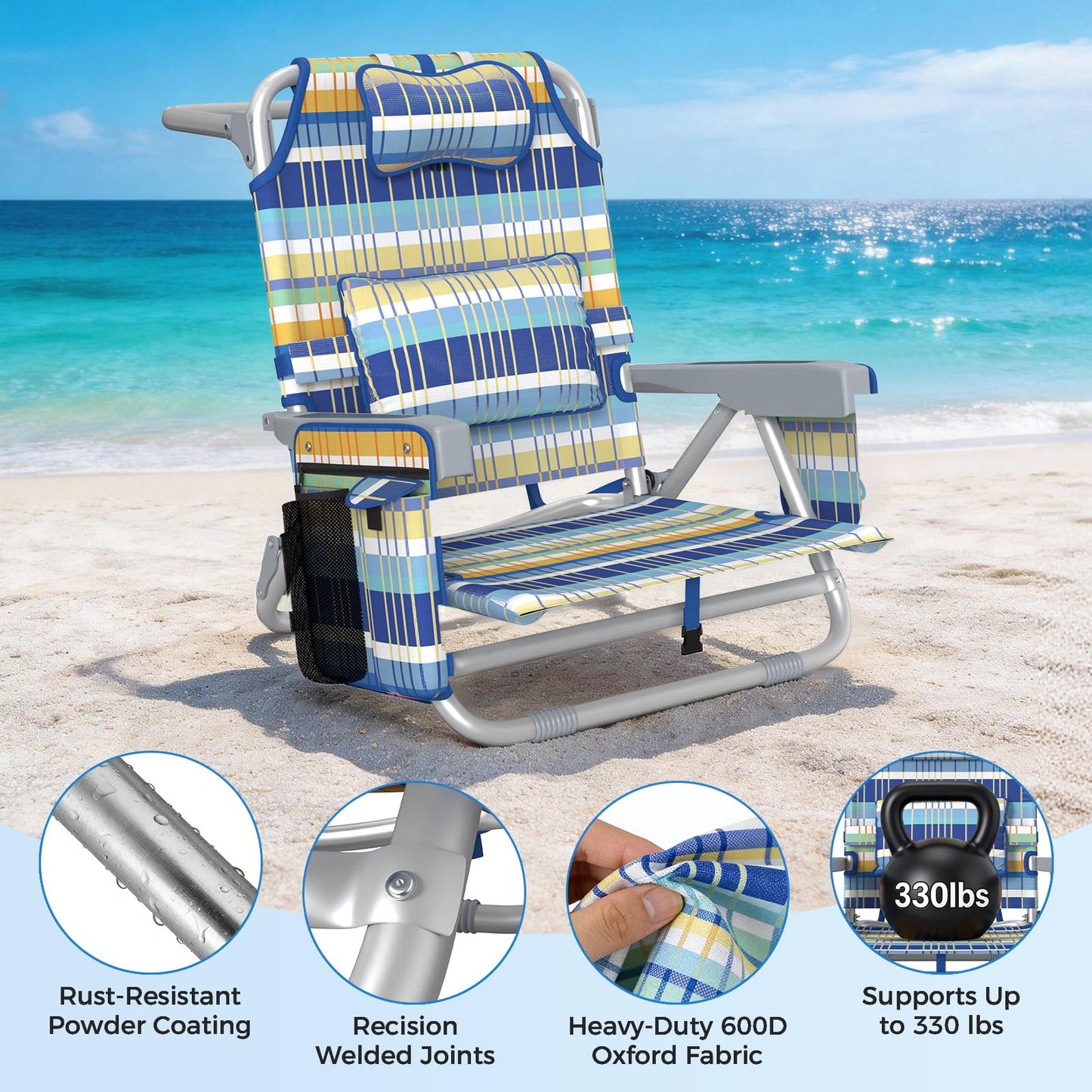 5-Position Backpack Beach Chairs for Adults, Foldable Heavy-Duty Beach Chair with Lumbar,Cooler Bag,Cup Holder,Towel Rack for Beach, Camping, Outdoor(2Pack)