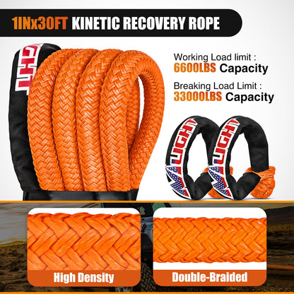 Nilight Kinetic Recovery Tow Rope Kit with 2 Soft Shackle 1" x 30ft Heavy Duty Offroad Tow Rope Snatch Strap Towing Strap kit (33,000LBS) for UTV ATV SUV Truck Car Jeep Tractor