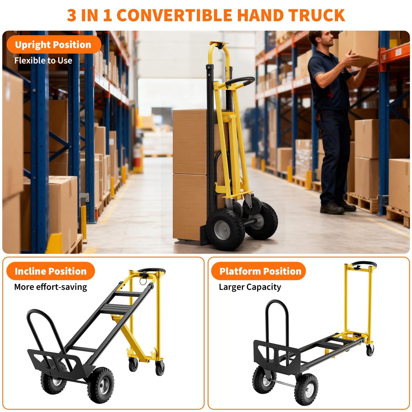 3-in-1 Heavy Duty Convertible Hand Truck, 800 lbs Capacity Dolly Cart with Wheels, Foldable Dolly Cart Converts from Hand Truck Dollys to Platform Carts, for Moving, Shopping, Travel(Yellow+Black)