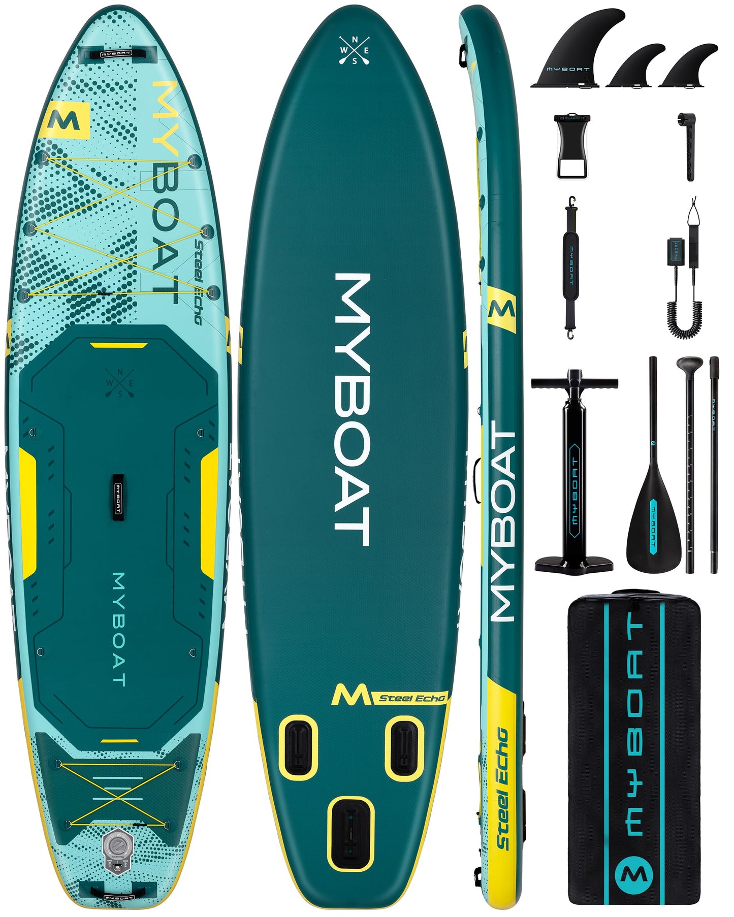 MYBOAT 11'6" Extra Wide Inflatable Paddle Board, 450LB Max Capacity Stable SUP for 2-3 People, Non-Slip Stand Up Board for Beginners & Fishing, Versatile 15 D-Rings, Dual Bungee, 3-Fin Stability