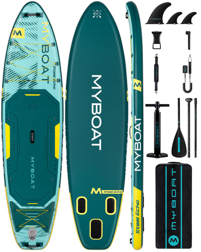 MYBOAT 11'6" Extra Wide Inflatable Paddle Board, 450LB Max Capacity Stable SUP for 2-3 People, Non-Slip Stand Up Board for Beginners & Fishing, Versatile 15 D-Rings, Dual Bungee, 3-Fin Stability
