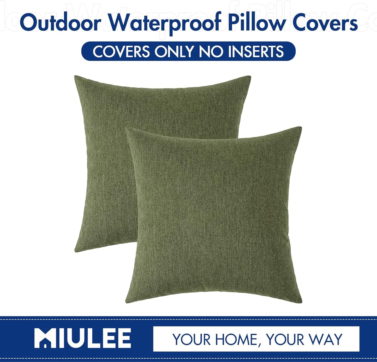 MIULEE Decorative Outdoor Throw Pillow Covers - Waterproof Faux Linen Cushion Cases | 22x22 Inch Dark Green (Pack of 2)