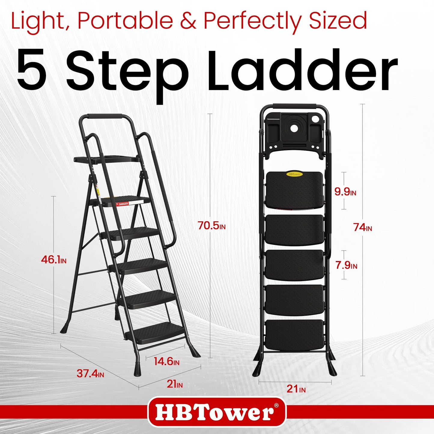 HBTower Step Ladder, 5 Step Ladder for Adults with Wide Anti-Slip Pedal, Step Stool Foldable with Handrails & Tool Tray, 330 Capacity for Home and Kitchen, Black