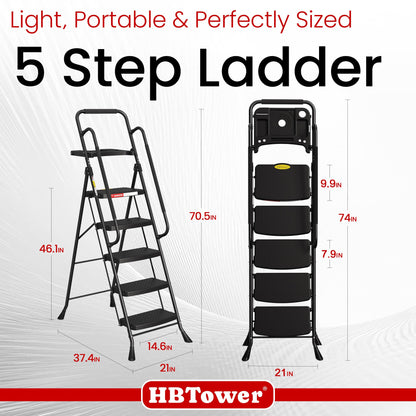 HBTower Step Ladder, 5 Step Ladder for Adults with Wide Anti-Slip Pedal, Step Stool Foldable with Handrails & Tool Tray, 330 Capacity for Home and Kitchen, Black