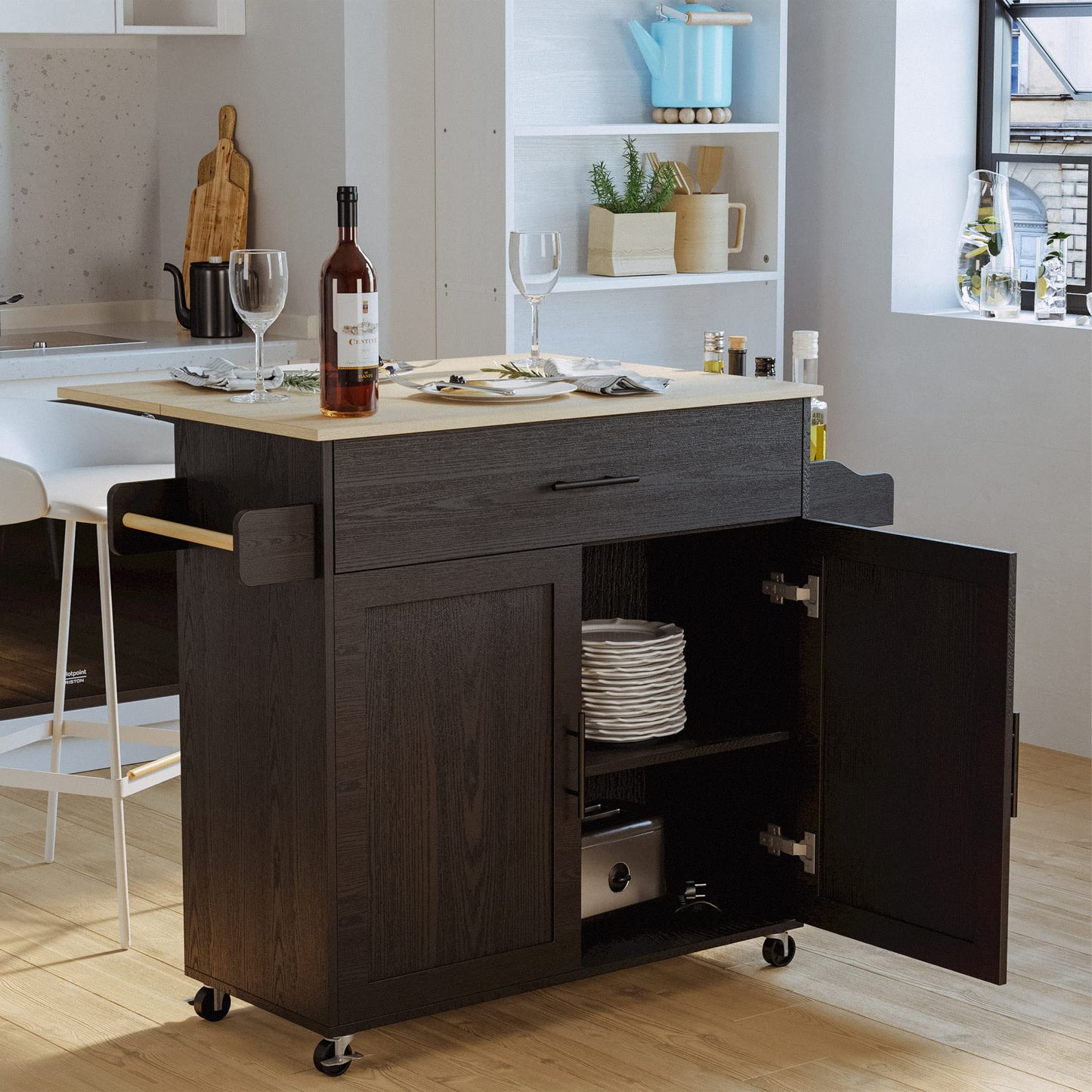 IRONCK Rolling Kitchen Island Table on Wheels with Drop Leaf, Storage Cabinet, Drawer, Spice/Towel Rack, Kitchen Cart, 47.25" Wide Black