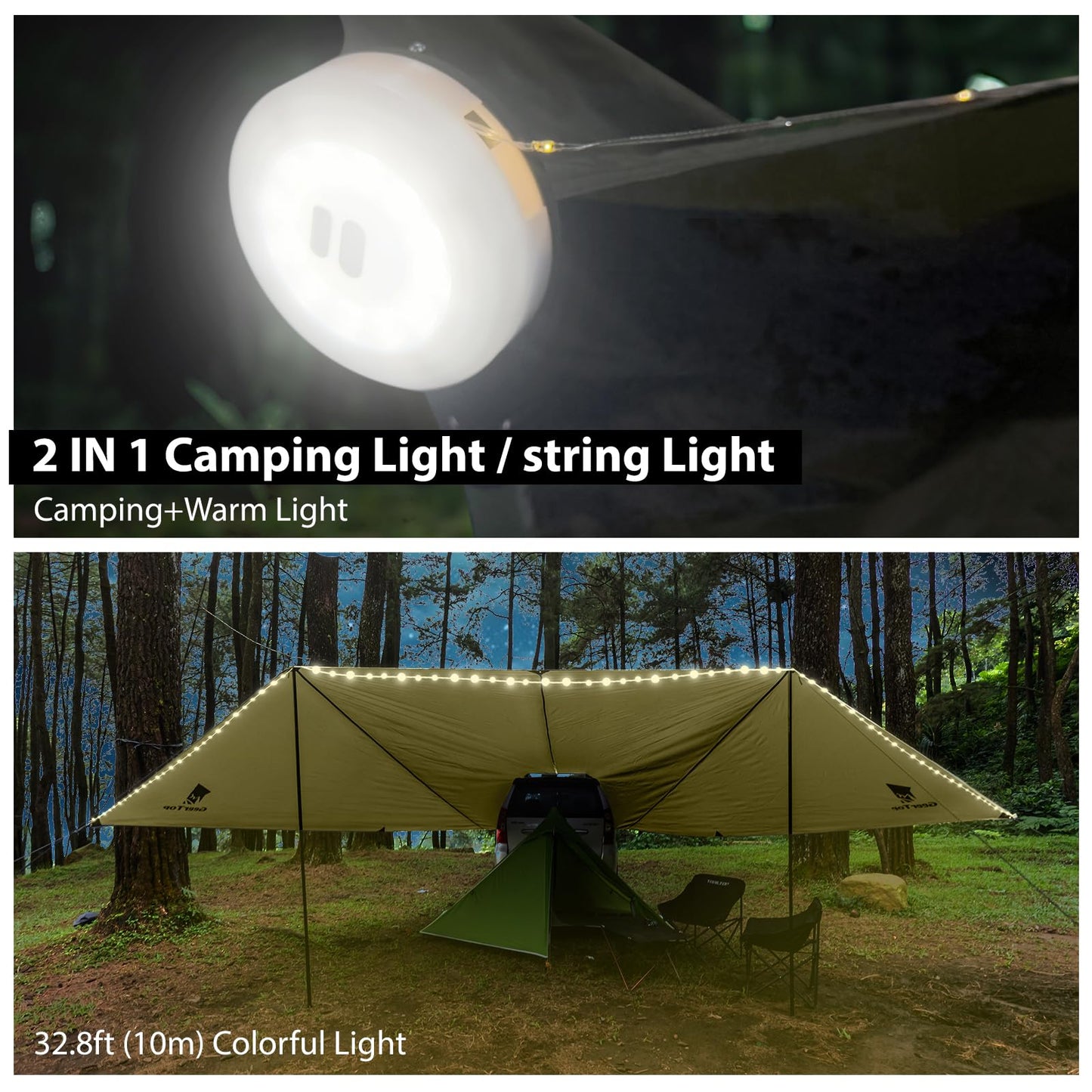 GEERTOP Large Car Tailgate Awning Tarp with 10m LED String Lights Waterproof Outdoor Rear Vehicle Awning Shelter for Van, MPV, Campers