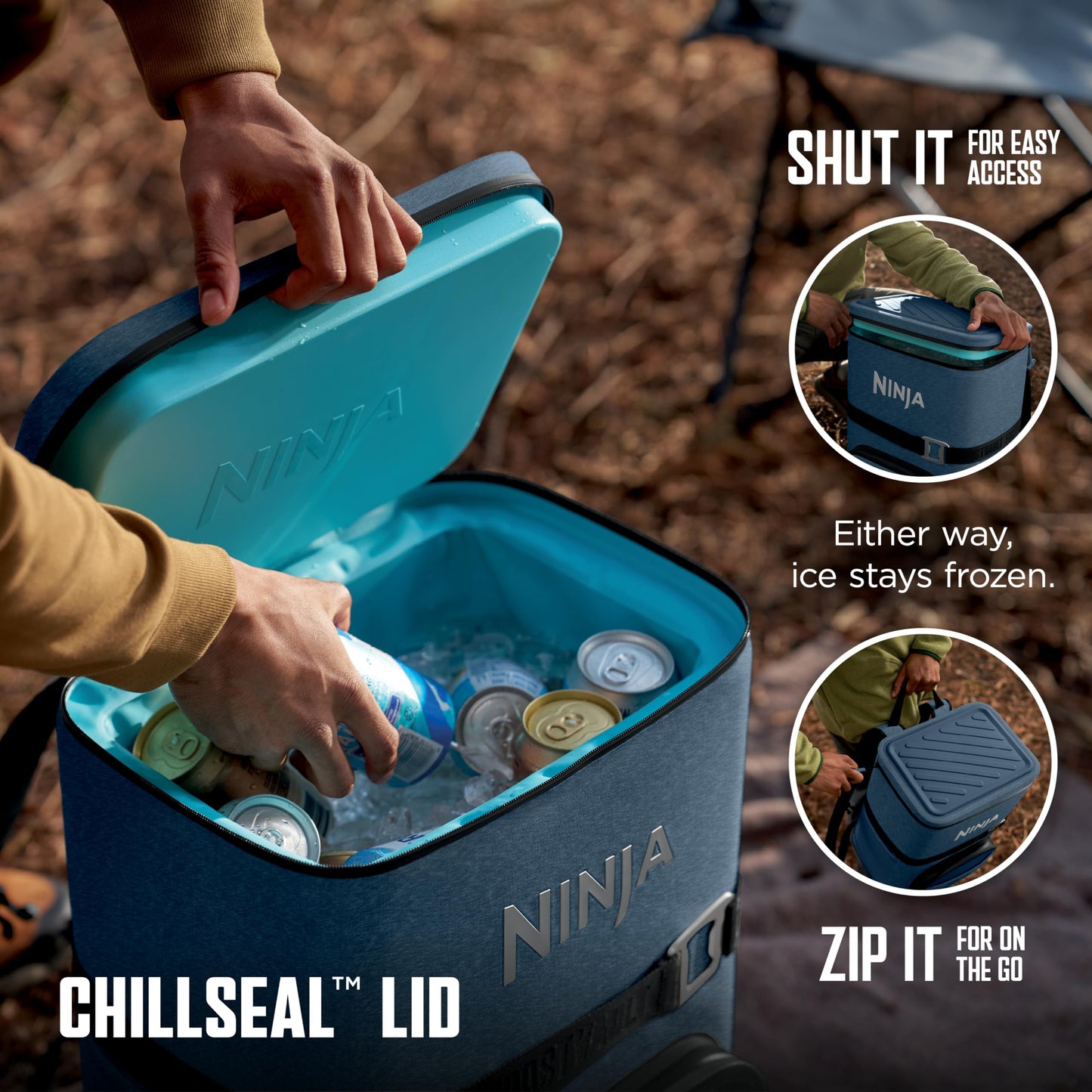 Ninja Backpack Cooler | FrostVault Go 24 Can Soft Cooler | Leakproof Zipper with Built in Can Opener, 2 Ice Packs & Dry Storage Drawer | for Hiking, Camping & More | Luminous Blue | FF124CY
