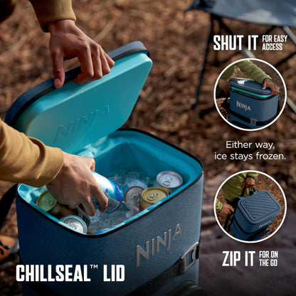 Ninja Backpack Cooler | FrostVault Go 24 Can Soft Cooler | Leakproof Zipper with Built in Can Opener, 2 Ice Packs & Dry Storage Drawer | for Hiking, Camping & More | Luminous Blue | FF124CY