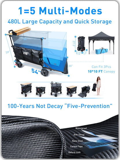 VIC 680lbs Super Cart & Table 1=5 Set, 480L Mega Capacity 54" Extra Long Extra high Folding Wagon, Heavy Duty Collapsible Carts with Brakes, All-Terrain Big Wheels for Camping, Store, Shopping