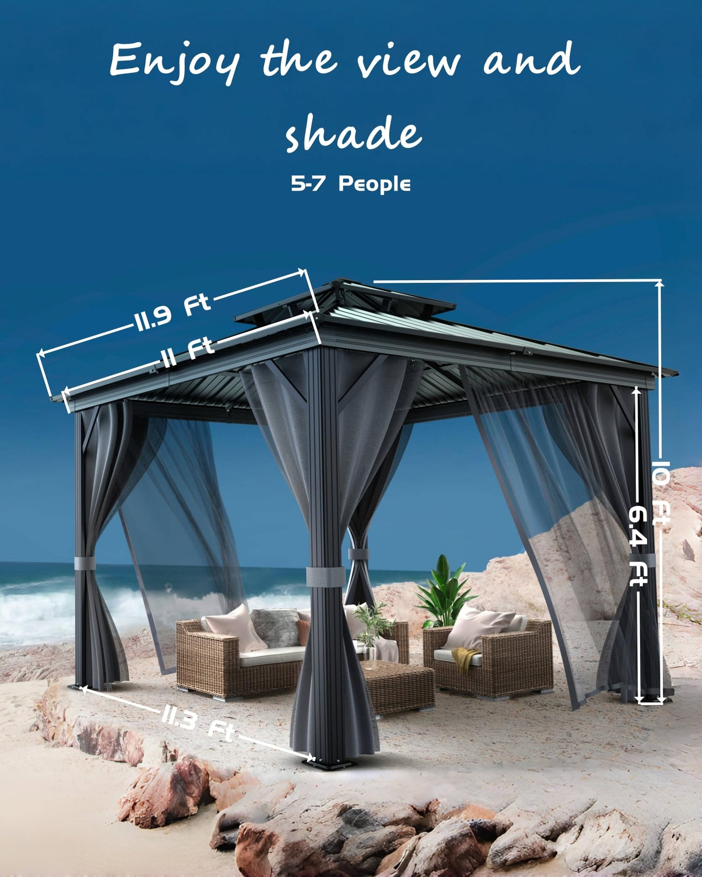 KYBOLT 12x12 Ft Hardtop Gazebos with Heavy Duty Double Roof, Nettings and Curtains Galvanized Steel Outdoor Gazebos for Patio, Backyard, Deck, Lawn (Gray)