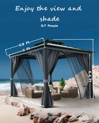 KYBOLT 12x12 Ft Hardtop Gazebos with Heavy Duty Double Roof, Nettings and Curtains Galvanized Steel Outdoor Gazebos for Patio, Backyard, Deck, Lawn (Gray)