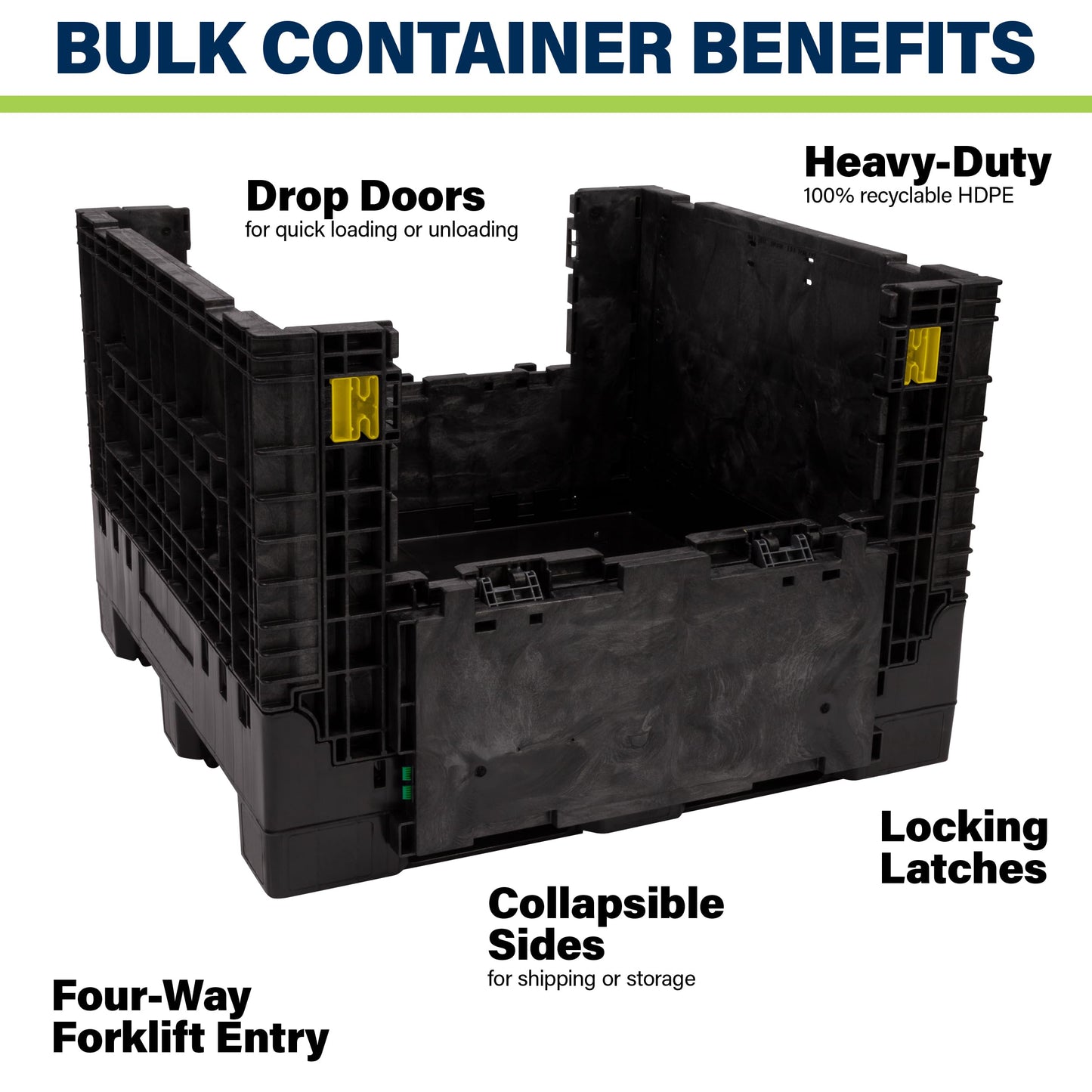 Buckhorn 48" x 45" x 41" Collapsible Bulk Box Container, Extra-Duty Plastic Stacking Gaylord Box with 4-Way Forklift Access and 2 Drop Doors, 1700 lb Capacity Storage Tote, Black (BR48454120)