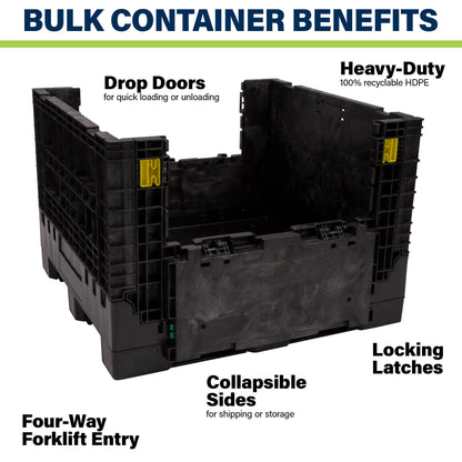 Buckhorn 48" x 45" x 41" Collapsible Bulk Box Container, Extra-Duty Plastic Stacking Gaylord Box with 4-Way Forklift Access and 2 Drop Doors, 1700 lb Capacity Storage Tote, Black (BR48454120)