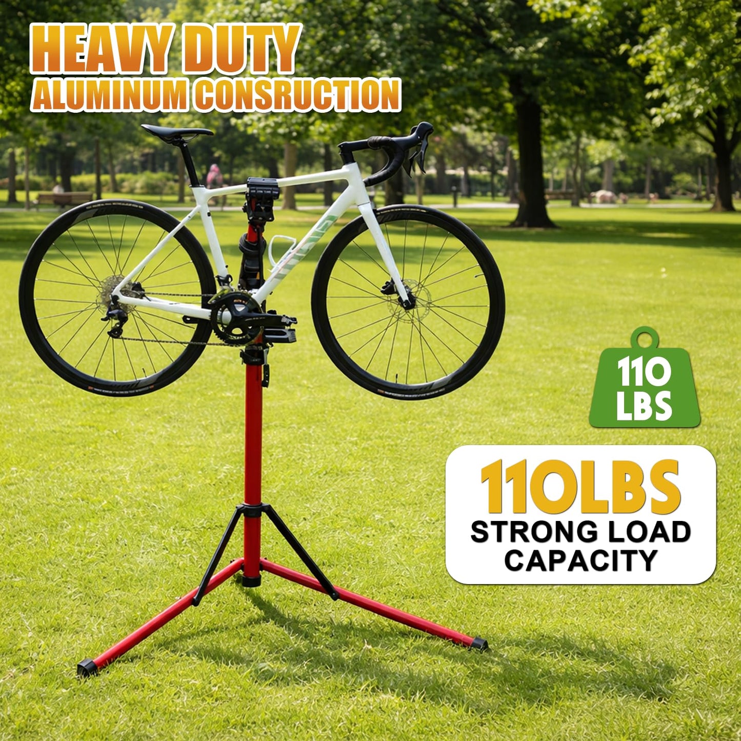Bike Repair Stand Max 110 lbs, Portable Aluminum Bicycle Workstand for Electric, Heavy Duty Mechanic Maintenance Workstand with Tool Tray, Mountain and Road Bike (Red)