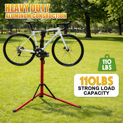 Bike Repair Stand Max 110 lbs, Portable Aluminum Bicycle Workstand for Electric, Heavy Duty Mechanic Maintenance Workstand with Tool Tray, Mountain and Road Bike (Red)