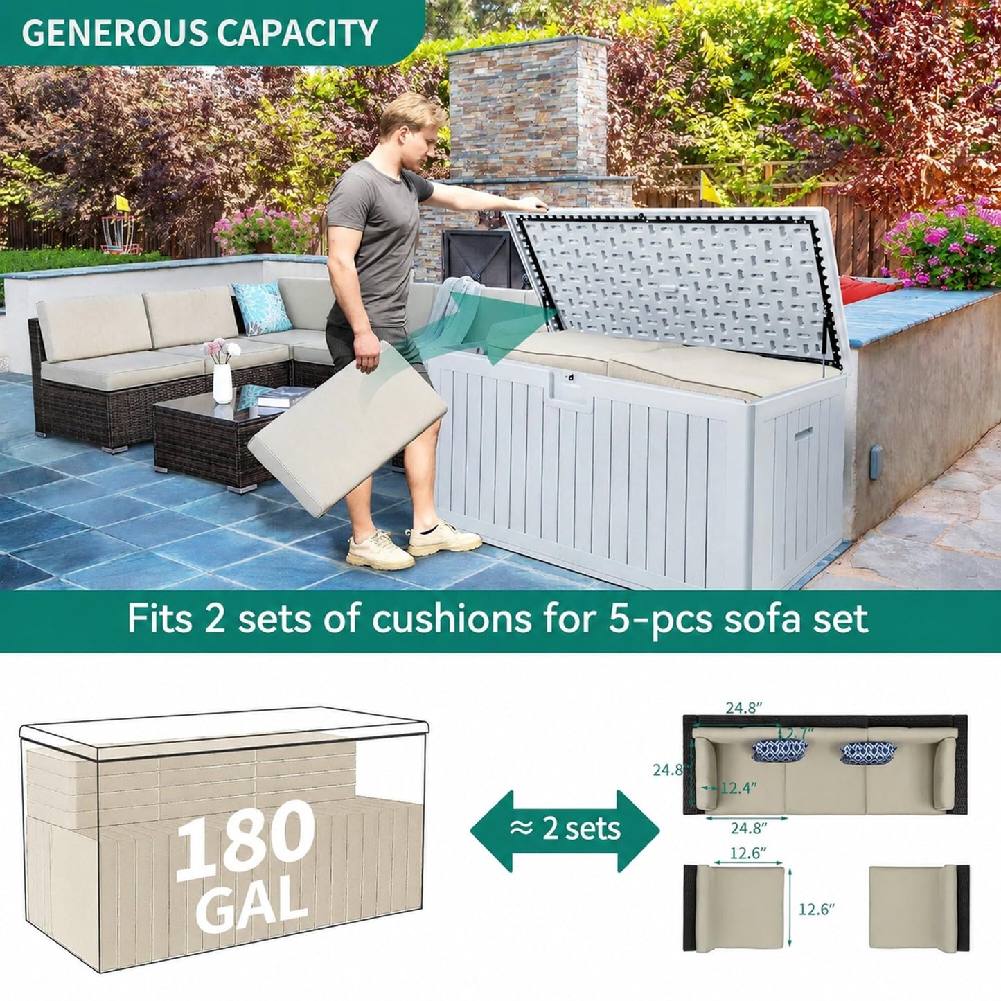 YITAHOME XL 180 Gallon Large Deck Box,Outdoor Storage for Patio Furniture Cushions,Garden Tools,Waterproof,Lockable (White)
