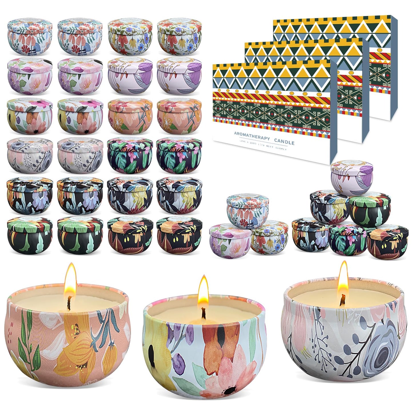 36 Packs Scented Candles Gift Set, Fragrances Candle for Women, 2.5 OZ Portable Jar Candle for for Spa, Yoga, Bath, Aromatherapy, Stress Relief, Floral Pattern