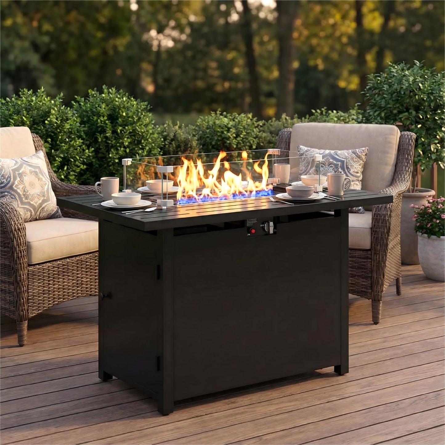 FansaFurn 43'' Propane Fire Pit Table, 50000 BTU Gas Fire Pits Table with Removable Lid and Lava Rock, Rectangular Fire Table with Cover, Ideal for Dining or Party on Patio, Garden, Yard, Black