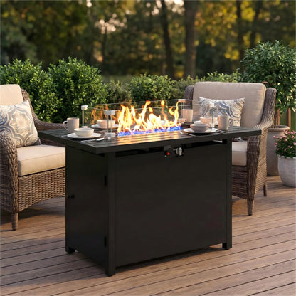 FansaFurn 43'' Propane Fire Pit Table, 50000 BTU Gas Fire Pits Table with Removable Lid and Lava Rock, Rectangular Fire Table with Cover, Ideal for Dining or Party on Patio, Garden, Yard, Black