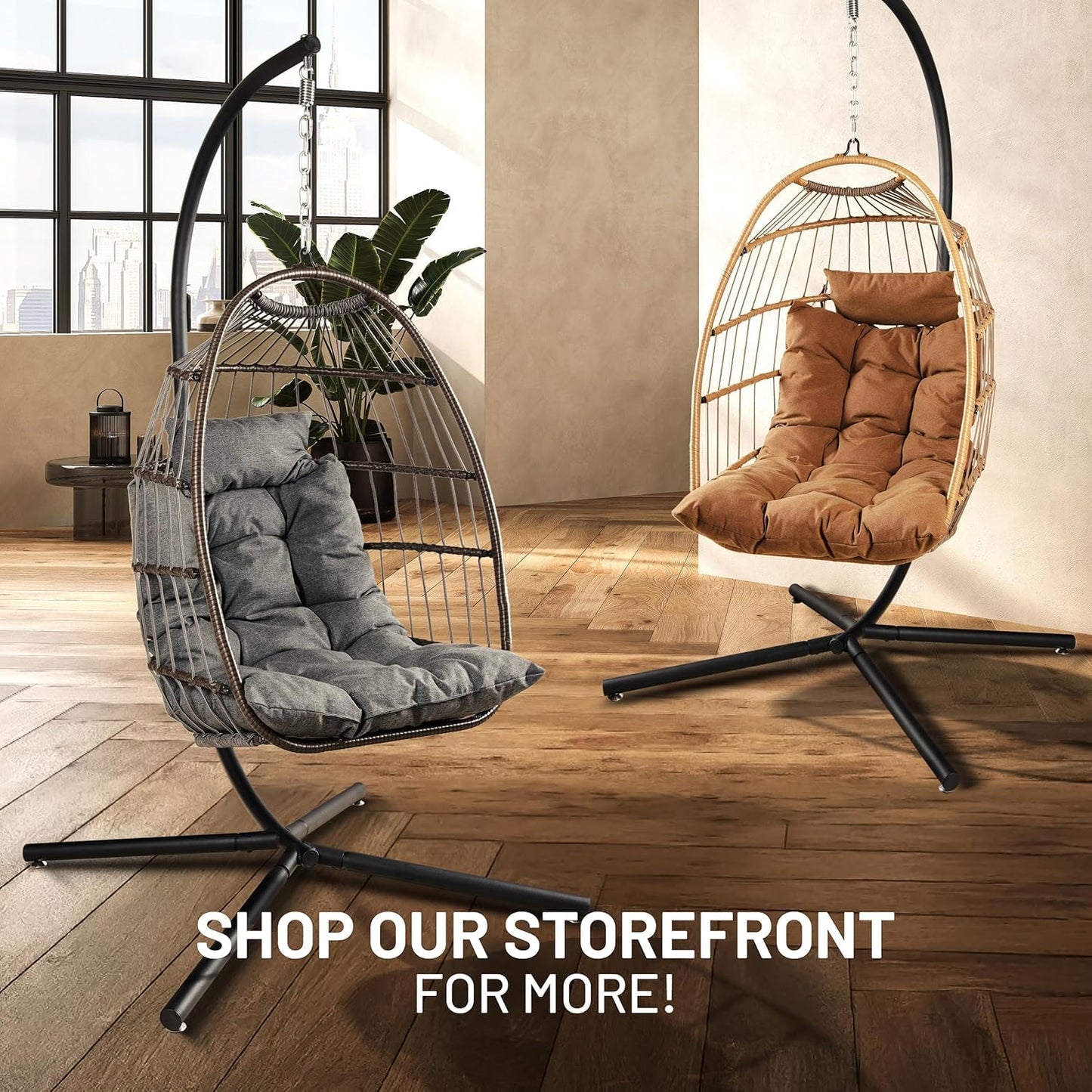 SereneLife Egg Chair with Stand – Hanging Rattan Wicker Swing for Indoor Outdoor Use – 350 lbs Capacity, Breathable Cushion & Headrest – Patio, Balcony, Porch, Bedroom Lounge Furniture