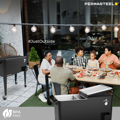 Permasteel Party Cooler with Divider, Spacious 80-Qt Capacity, Chills 36hrs, Serving Tray, Rolling Ice Chest for Indoor and Outdoor Entertainment, Matte Black