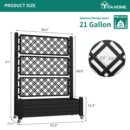 YITAHOME 43.3x17.7x61 in Planter Trellis Box with Wheels & Drain Plug, Outdoor Resin Raised Garden Bed for Climbing Plants, Large Weather-Resistant Design, Black