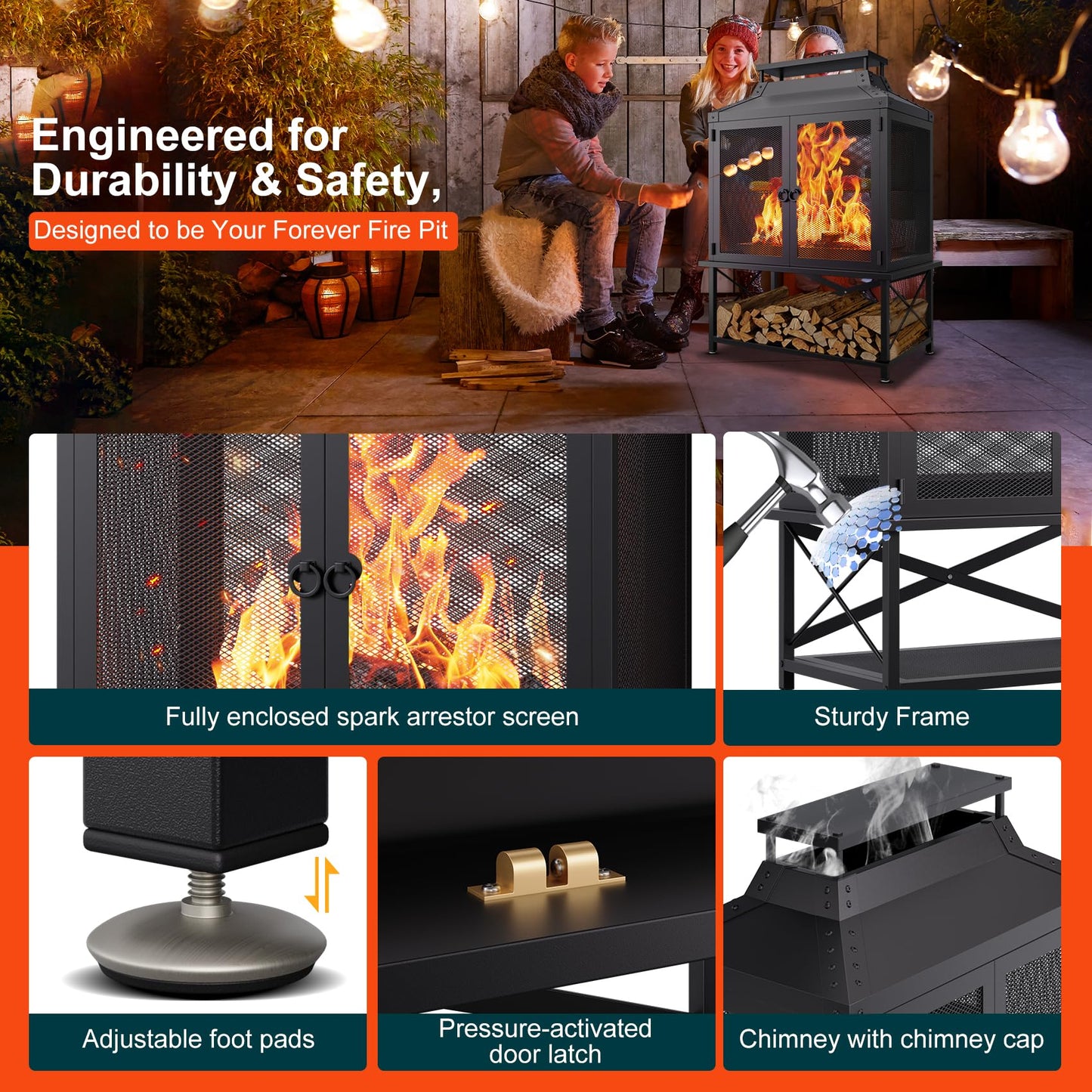 VELUVIA Metal Outdoor Fireplace for Patio - 39" H Square Chiminea Fire Pits Outside Wood Burning with Grill, Mesh Spark Screen & Fire Poker, for Garden, Backyard, Party, Camping, Picnic, BBQ, Bonfire