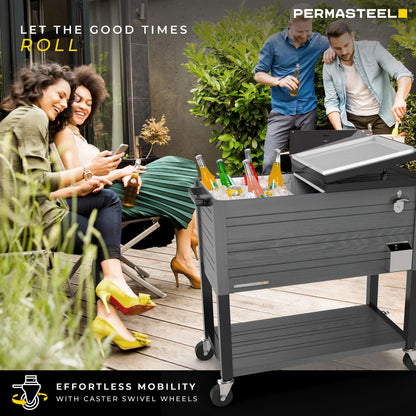 Permasteel Party Cooler with Divider, Spacious 80-Qt Capacity, Chills 36hrs, Rolling Ice Chest for Indoor and Outdoor Entertainment, Wood Grain Finish, Gray