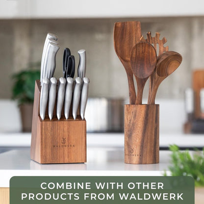 WALDWERK Wooden Spoons for Cooking – 9-Piece Kitchen Utensils Set with Spatula, Tongs, Whisk, Wooden Spoons & Pasta Server – Wooden Utensil Set – Utensil Sets - Cooking Utensils - Non Toxic