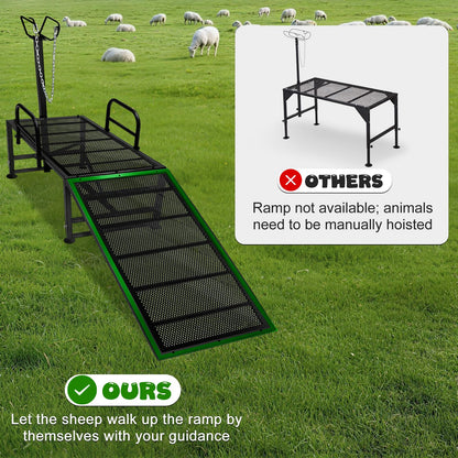 47"L Heavy Duty Goat Milking Stand with Detachable Ramp, 700lbs Capacity Sheep Trimming Station, Professional Livestock Grooming Platform with 4-Level Adjustable Headlock for Hoof Care