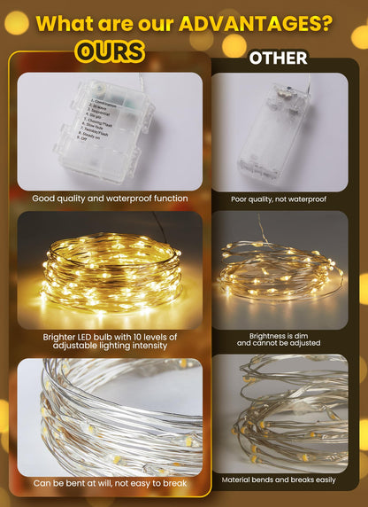 Minetom 33Ft 100 LED Outdoor String Lights, Warm White, Battery Operated, Waterproof Fairy Lights for Indoor/Outdoor Decoration
