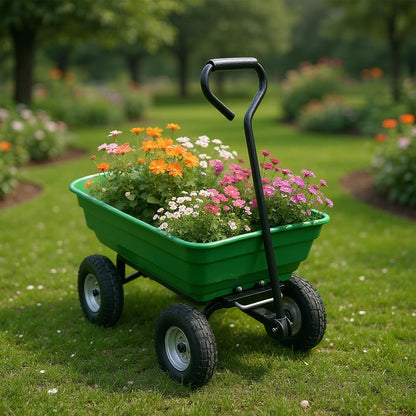 GarveeTech Heavy Duty Utility Wheelbarrow Cart 4 Wheel Garden Wagon with Dump Feature, Foldable D-Handle Steering, Built-in Stand, All-Terrain Rolling Yard Cart for Gardening, Lawn, Landscaping