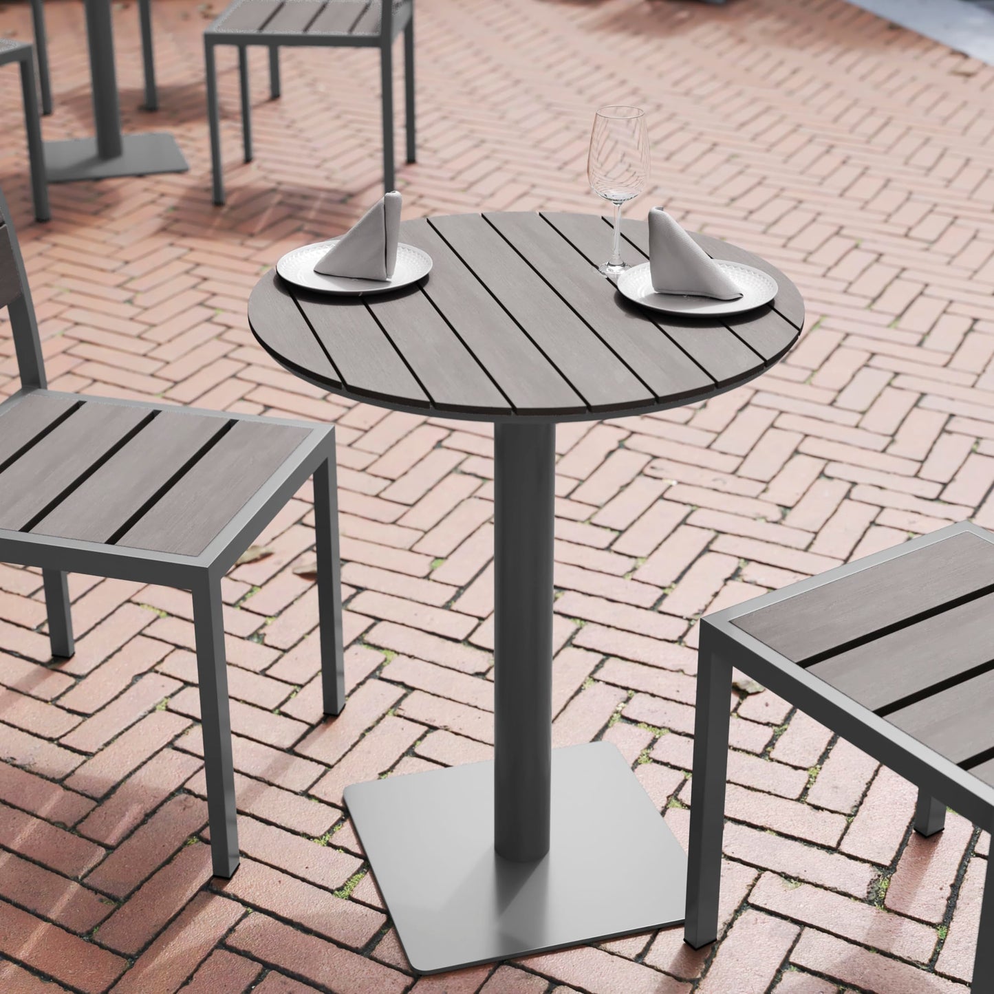 Flash Furniture Finch Commercial Grade Round 24" Table with Faux Teak Poly Slats and Steel Frame, Gray/Gray