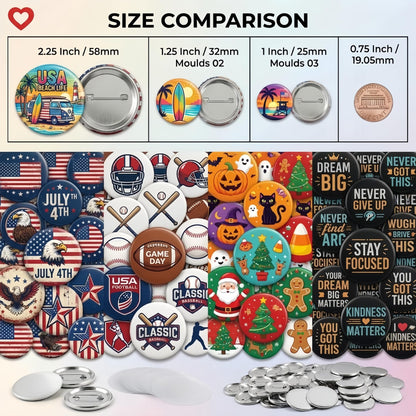 Mryitcal Button Maker Machine 1''+1.25''+2.25'' Pin Maker Button Press Machine w/ 300 Metal Pinback, 10 Fridge Magnet, 5 Badge Charm, 1 Cutting Mat, Badge Making Kit for Custom Badge, Party Favors