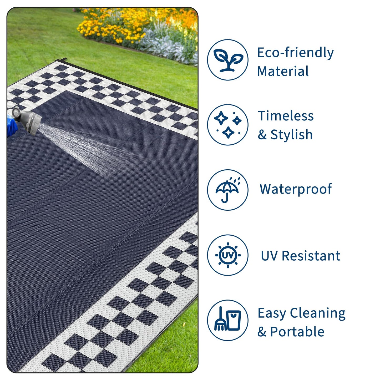 LUXLOOM 9x18 Outdoor Rug Waterproof Large Camping Rugs Reversible Plastic Straw RV Mat, Foldable Fade-Proof & Hose-cleanable Outdoor Carpet with Stakes & Carry Bag for Patio Deck Beach Blue White