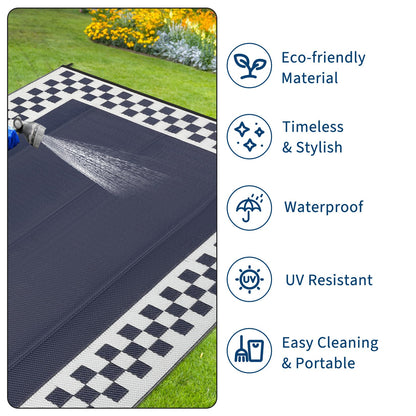 LUXLOOM 9x18 Outdoor Rug Waterproof Large Camping Rugs Reversible Plastic Straw RV Mat, Foldable Fade-Proof & Hose-cleanable Outdoor Carpet with Stakes & Carry Bag for Patio Deck Beach Blue White