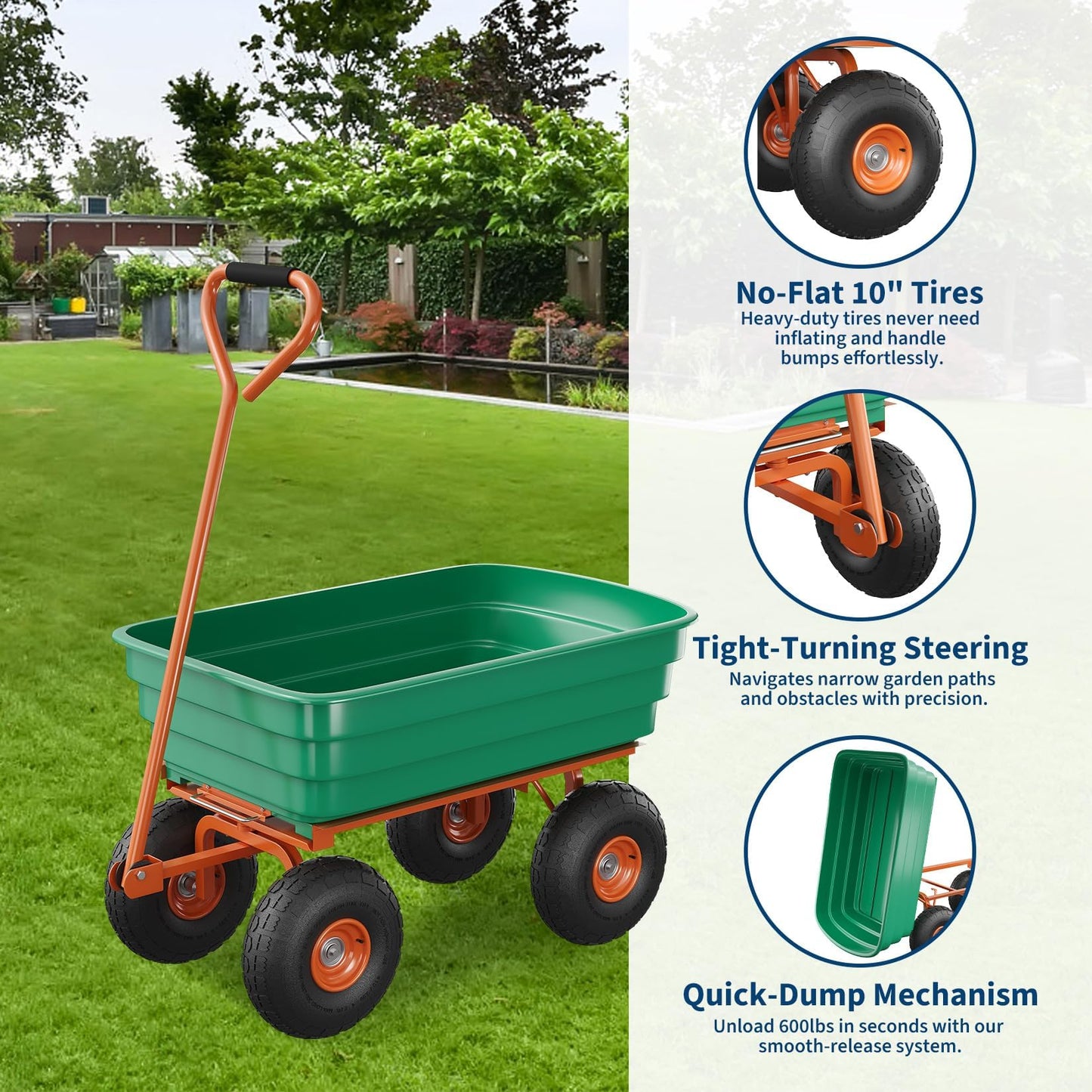 Garden Cart with 13" No-Flat Tires, 1200 lbs Capacity, 7 Cubic Feet Polyethylene Yard Dump Wagon w/ 180° Swivel Handle Towable, Utility Wagon for Yard, Garden, Landscaping, Heavy Duty & Rust-Proof