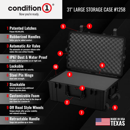Condition 1 31" Large Waterproof Rolling Hard Travel Case Model 1258 with Wheels, Plastic Lockable, for Electronics, Tactical Gear, Made in USA, 31.6"x20.1"x12.66" Black