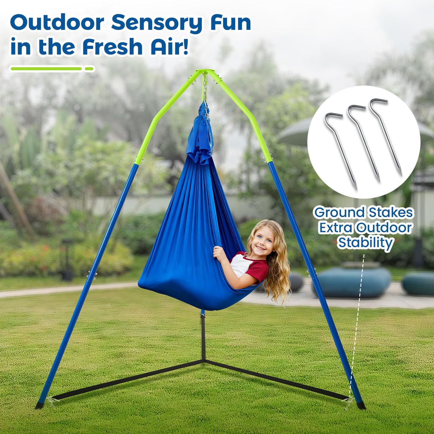 FUNLIO 2-in-1 Sensory Swing with Stand, Triangular Frame Swing Set with Sensory Swing & Pod Swing, Heavy Duty Steel Swing Stand for Kids, 240 lbs Capacity, Indoor & Outdoor, Height Adjustable Design
