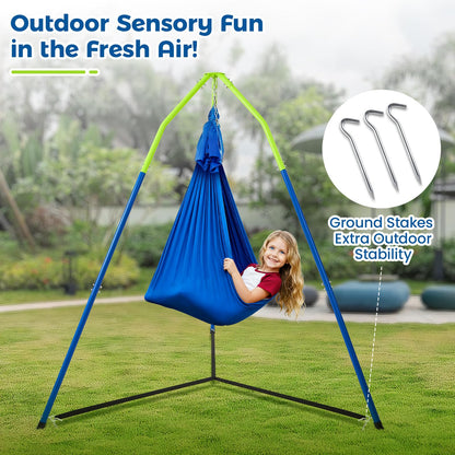 FUNLIO 2-in-1 Sensory Swing with Stand, Triangular Frame Swing Set with Sensory Swing & Pod Swing, Heavy Duty Steel Swing Stand for Kids, 240 lbs Capacity, Indoor & Outdoor, Height Adjustable Design