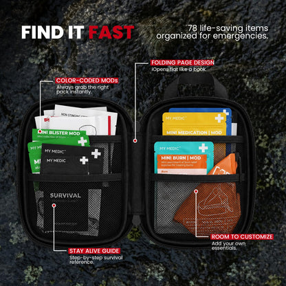 My Medic Sidekick Pro - Camping Hiking and Backpacking First Aid Kit - 70 Items with Tourniquet - HSA and FSA Eligible - Small Ifak Great for Travel or Motorcycle - Portable Emergency Kit – Black