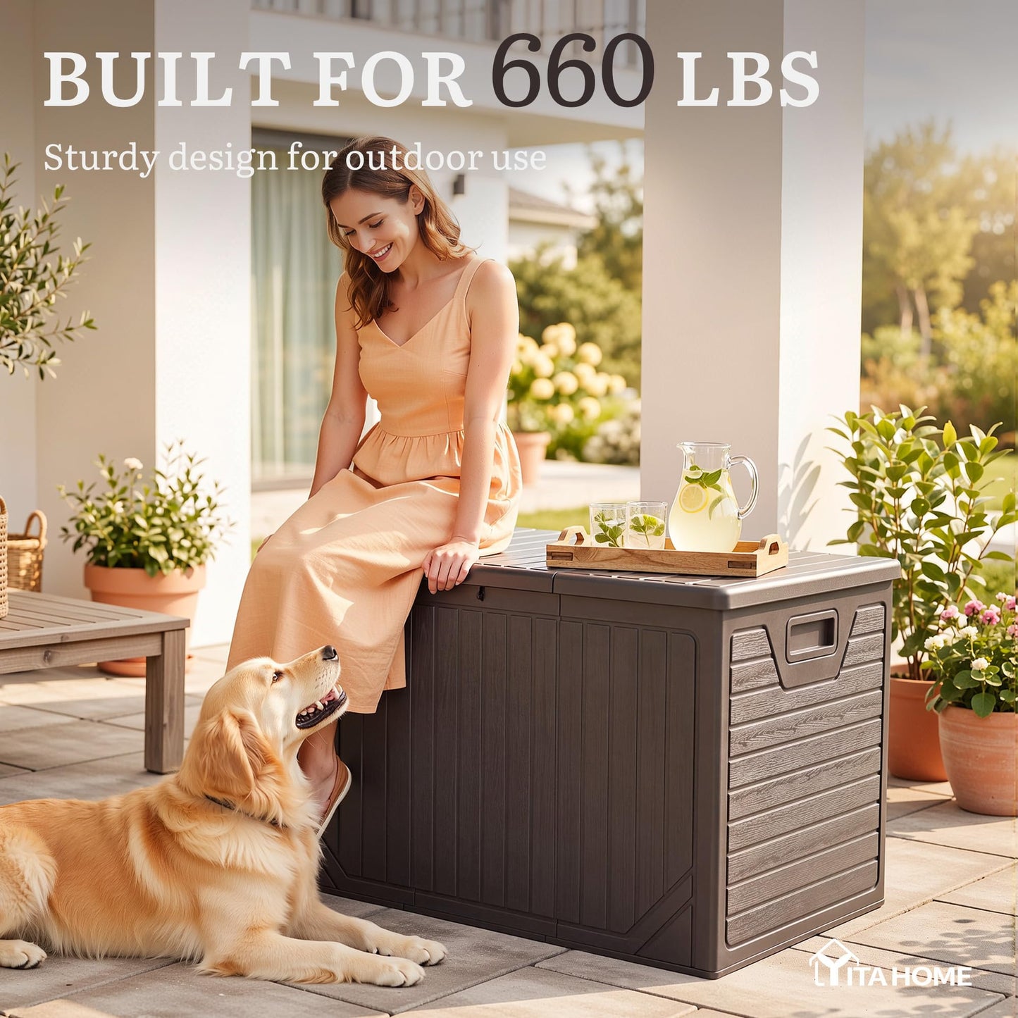 YITAHOME 230 Gallon Extra Large Outdoor Storage Box, Waterproof Double-WallDeck Box with Hydraulic Piston for Garden Tools, Pool Accessories & Cushions, Resin Deck Organizer with Bench Seat(Brown)